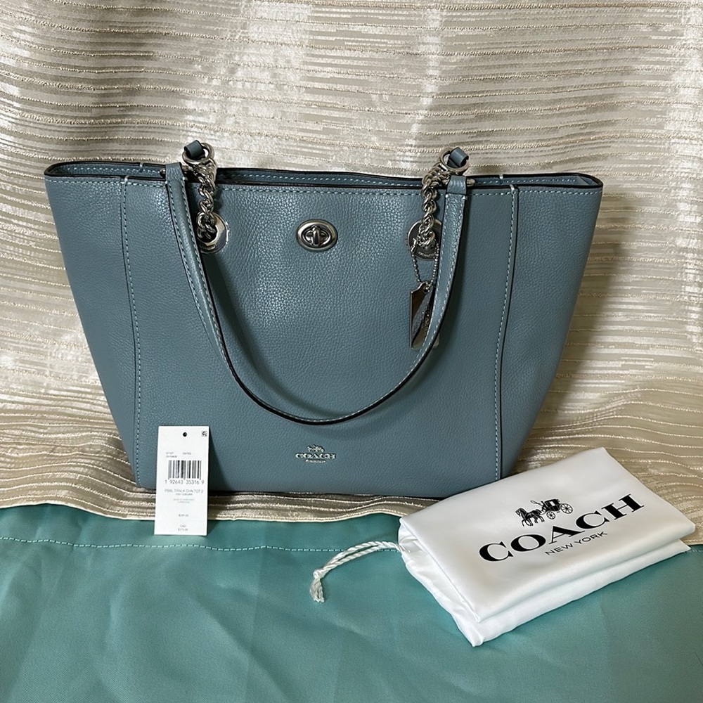 NWT Coach Turnlock Chain Tote Blue Sage